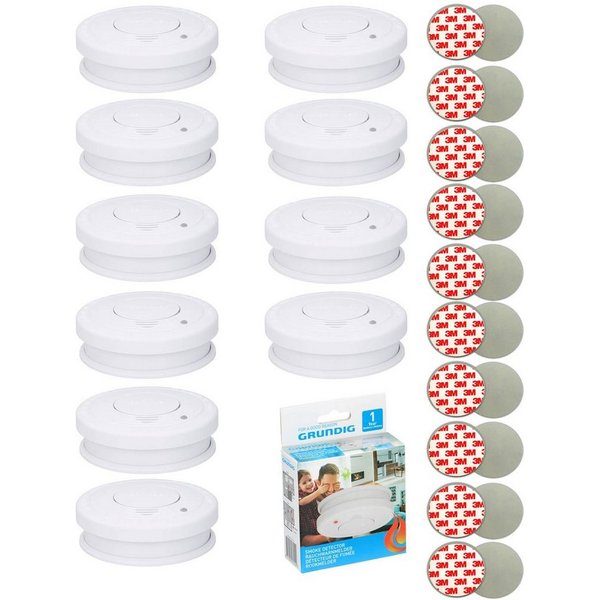 Grundig 10x Rauchmelder 85dB Inkl. 9V Batterie + 3M Klebepad Set Feuermelder Rauchmelder (inklusive Montagematerial und Anleitung)