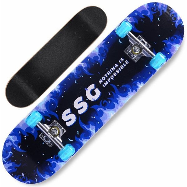 JEOBEST Skateboard Komplette Skateboard 80x20cm Skateboard für Anfänger, (Blue Flamme) PU Räder, Ahorn-Deck, Konkaves Skateboard