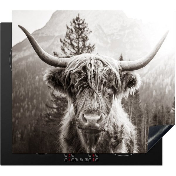 MuchoWow Herd-Abdeckplatte Schottischer Highlander - Tiere - Schwarz - Weiß, Vinyl, (1 tlg), Cerankochfeld Abdeckung, Herd Abdeckplatten Vinyl, 58.3x51.3 cm