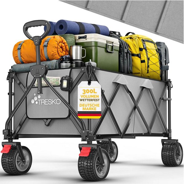TRESKO Bollerwagen Bollerwagen faltbar 300L mit Bremse Handwagen klappbar 150kg (inkl. Vollgummireifen Faltbarer Strandwagen mit Extra Breite All-Terrain-Räder,