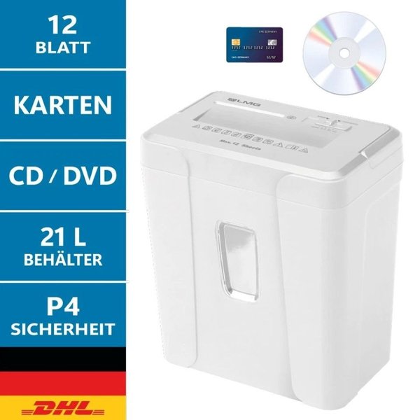 LMG Germany Aktenvernichter Aktenvernichter DWS-1212CD 12 Blatt 4x35 mm 21 Liter weiß, Kreuzschnitt P4, CD-Zerstörung, AUTO-Funktion, 21L Auffangbehälter