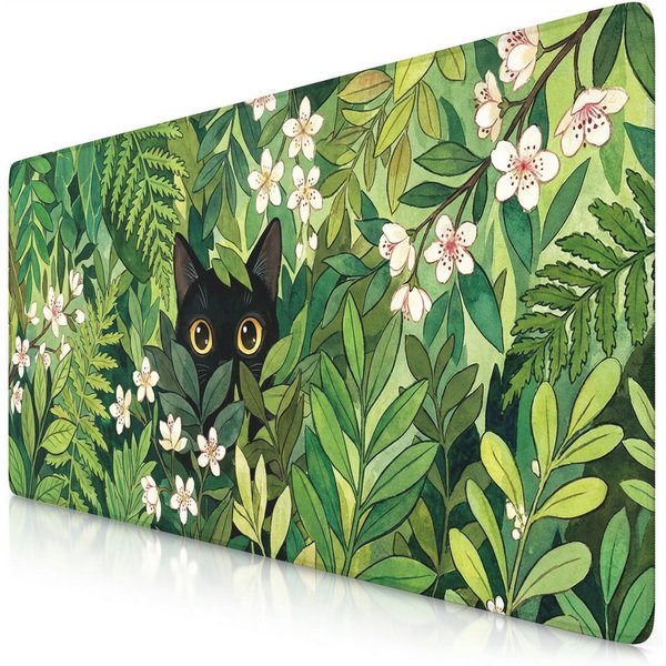 Titanwolf Gaming Mauspad XXL Mauspad 900x400, Schwarze Katze im Wald, Schreibtischunterlage (1-St), rutschfeste Rückseite, Geschwindigkeit & Präzision, wasserab