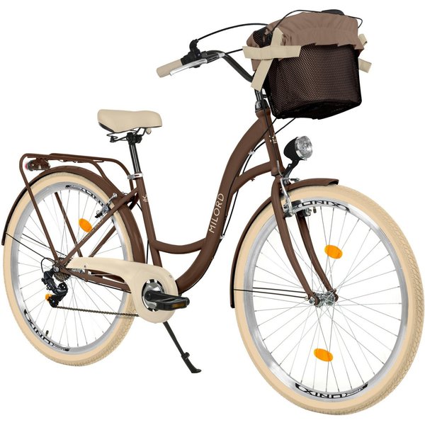 Milord Cityrad Damenfahrrad Citybike Mit Metallkorb Fahrrad 26/28 Zoll 7-Gang Braun, (Fahrradständer, Gepäckträger, Klingel, Korb, Kotflügel)