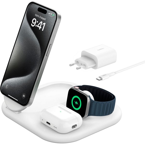 Belkin BoostCharge 3-in-1 15 W magnetisch, einklappbar Wireless Charger (iPhone 17/Air, Pixelsnap, Apple Watch, AirPods)