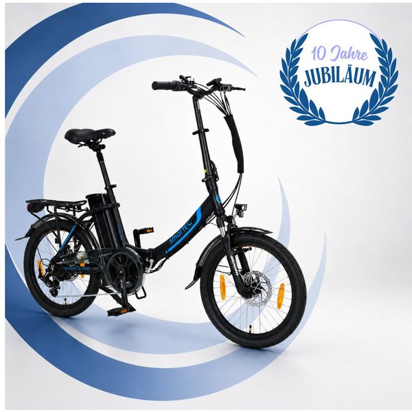 smartEC E-Bike Klapprad 20 Zoll E-Faltrad Camp-20D Pedelec Schwarz smartEC, 7 Gang Shimano Tourney Schaltwerk, Kettenschaltung, Hinterrad-Nabenmotor, 562.00 Wh,