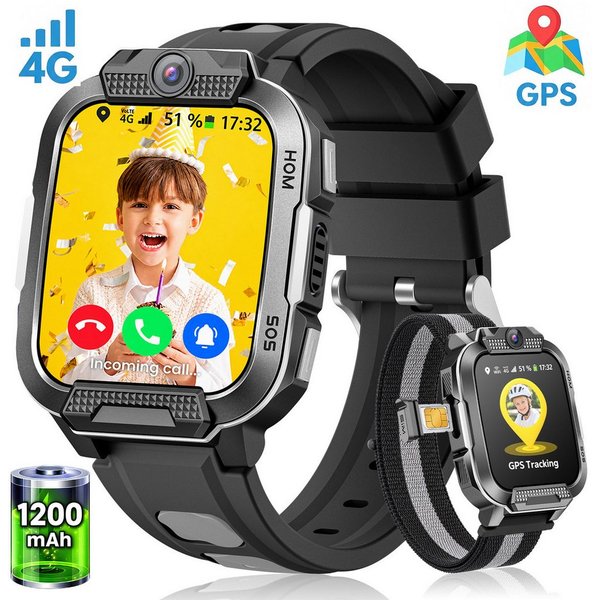 Whraills 2026 4G Kinder Smartwatch mit GPS Telefon Video SOS für Jungen Mädchen Smartwatch 4-fache Ortung (GPS, WLAN, LBS, AGPS), Sicherheitszonen, Eltern App, 