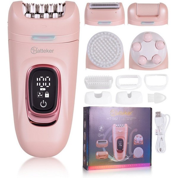 HATTEKER Epilierer HT-582, Aufsätze: 1 St., Gesichtsbürste, Damenrasierer, Hornhautentferner, mit 24-Pinzetten 5-in-1 Pink