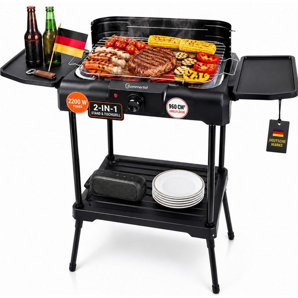 Sommertal Elektrogrill BBQ231 Elektrogrill Balkongrill 2200W Camping Grill, 2200 W, 2in1 Tischgrill mit Standfuß Stufenloser Temperaturregler