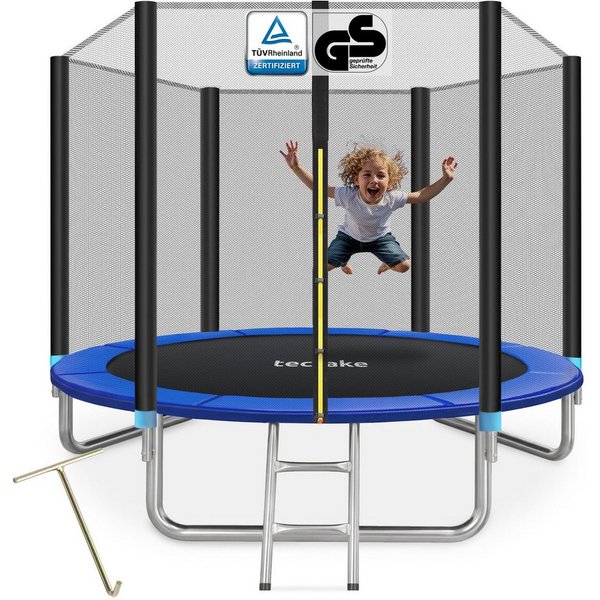 tectake Gartentrampolin Kindertrampolin mit Einstiegsleiter und Sicherheitsnetz Ø 244 cm, (Outdoortrampolin Garfunky, in schwarz/blau), GS zertifiziert, Randabd