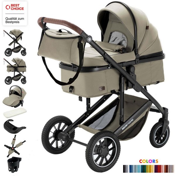 Daliya® Kombi-Kinderwagen FLEXI-PRO M 3in1 Kinderwagen & Buggy, Reisekinderwagen, XXL Set, (XXL-Set mit i-Size Babyschale, 13-tlg), Einhändig abnehmbare Wanne, 