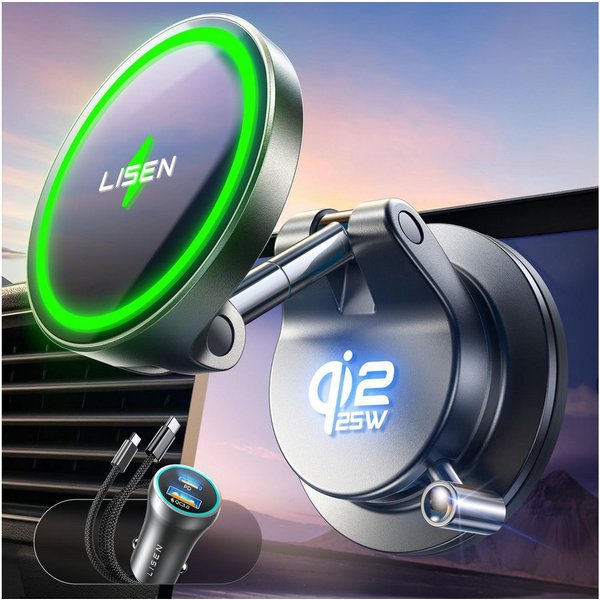 GreenHec Qi2 25W MagSafe Wireless Charger Autohalterung Saugnapf KFZ Ladegerät Wireless Charger (Qi2.2 25W, MagSafe, Vakuum-Saugnapf, USB-C, Temperaturkontrolle