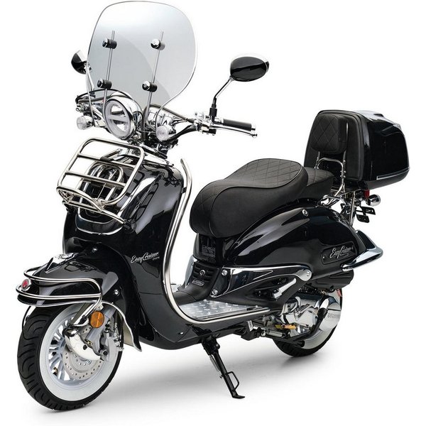 Burnout Motorroller EasyCruiser Chrom Schwarz, 50 ccm, 25 km/h, Euro 5, Mofa, 4-Takt EFI, Retro, Weißwandreifen, Windschild, Topcase, USB-A/C