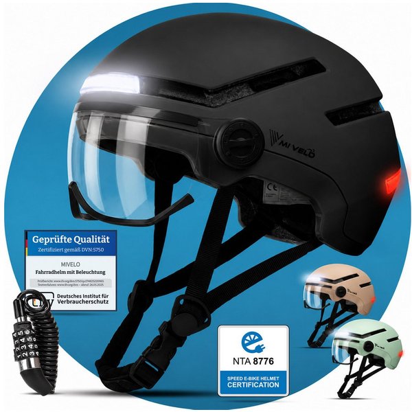 MIVELO Fahrradhelm NOVA - mit Licht vorne & hinten und Visier für Damen und Herren, 360° Beleuchtung, 24 Monate Crash-Ersatz-Garantie