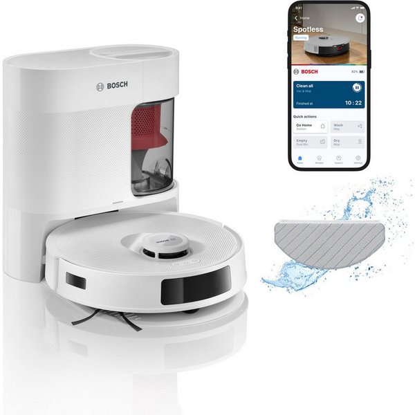 BOSCH Saugroboter Spotless BCRD1W, Saugroboter mit Wischfunktion, 11.000 Pa Saugkraft, 60 W, beutellos, Trocken-Servicestation, Infrarot Navigation, Carbon Bürs
