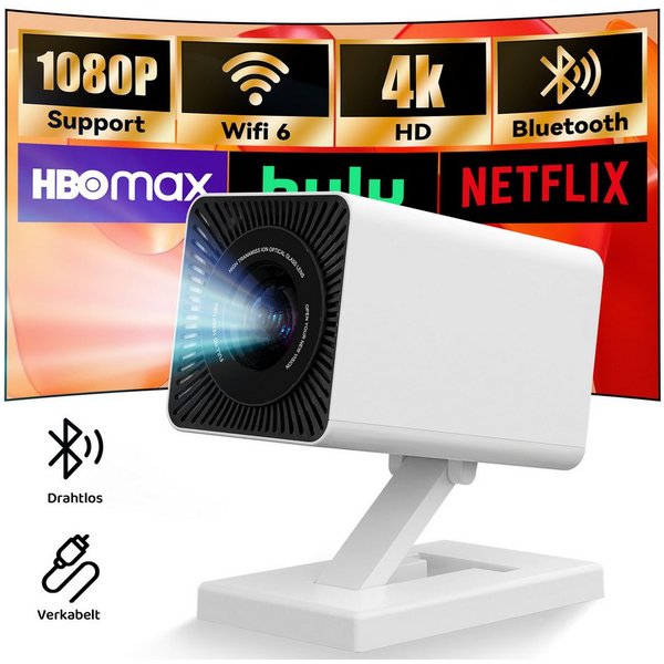 BUFO 130'' Beamer 4K für Telefon/PC/HDMI USB, BT 5 Auto Trapezkorrektur Portabler Projektor (150 lm, 1500:1, 1280 x 720 px, Android 11 Mini-Beamer 4K 1080p unte