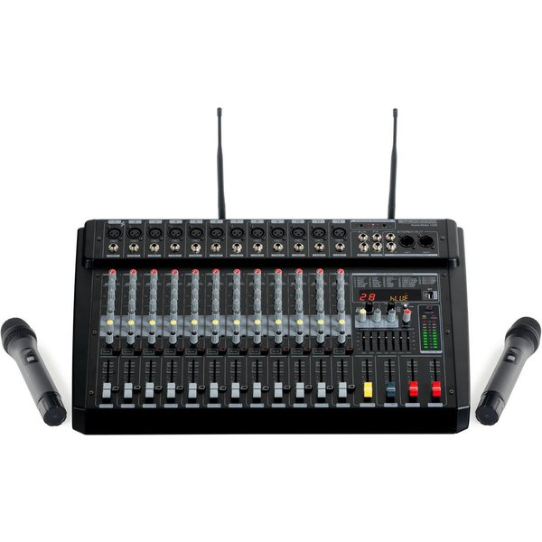 Pronomic Mischpult 12-Kanal-Powermischer 760 Watt RMS-Leistung, (inkl. 2 Funkmikrofone und im Mixer integrierter UHF-Empfänger), Bluetooth®/USB-Player/Recorder 