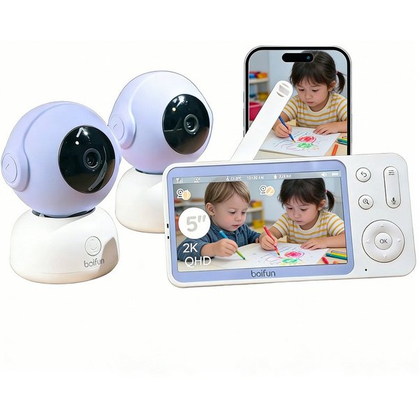 Boifun Video-Babyphone Babyphone 720P mit Kamera 5 Zoll Baby Monitor, mit Kamera und Audio WLAN, 3000-mAh-Akku, 1-tlg., unterstützt Temperaturüberwachung Schlaf