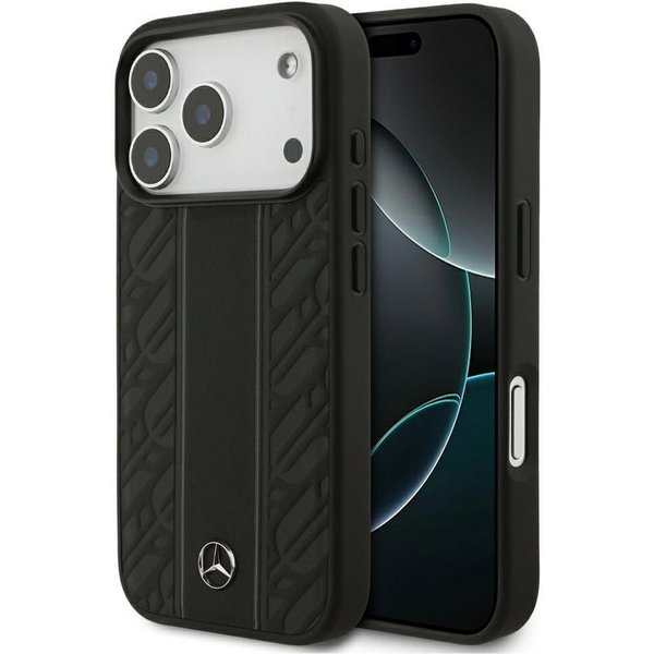 Mercedes Benz Handyhülle iPhone 17 Pro Echtleder schwarz Muster Logo Metall MagSafe 6,3 Zoll, Kantenschutz