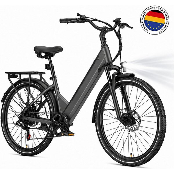 OOTD E-Bike Cityrad 26" 36V 14,5Ah Akku bis 75km, 250W Heckmotor, Shimano 7‑Gang‑Schaltung, 7 Gang Shimano ARDTZ500GSD Schaltwerk, Kettenschaltung, Hinterradmot