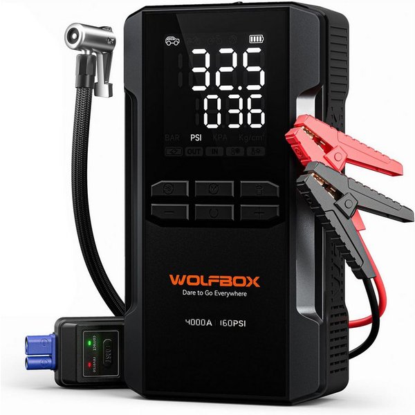WOLFBOX WOLFBOX 4000A Starthilfe mit 160 PSI Kompressor Starthilfegerät (12 V, 1 St), 12 V Batterie-Booster, 10L Benzin/10L Diesel