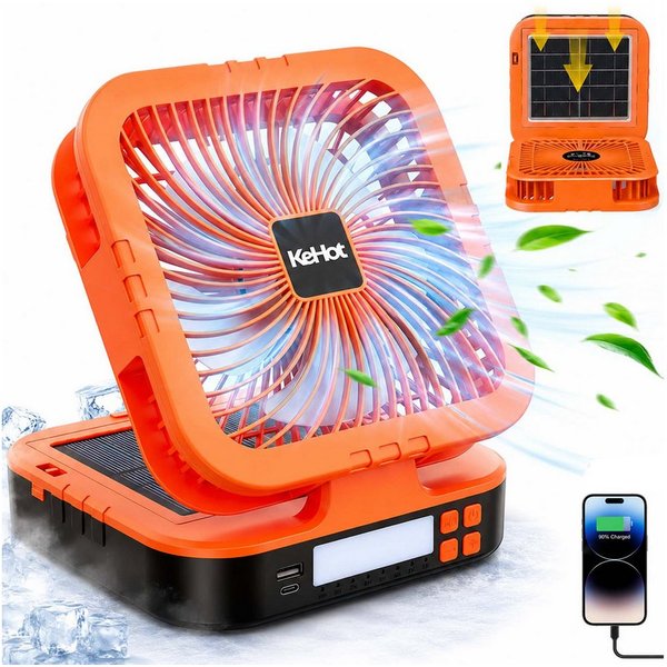 kehot Standventilator Solar Campingventilator mit 90° Oszillation und LED-Licht, USB-C aufladbar mit 4 Windstufen, Timer und Powerbank