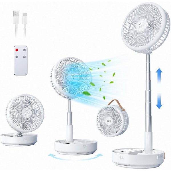 MOPUEA Akku-Standventilator Akku-Standventilator Faltbar Höhenverstellbar Fernbedienung Tragbar, 10400 mAh Akku leise faltbar 90° Schwenkung 8 Std Timer