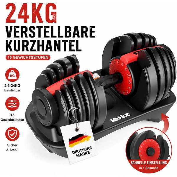 kehot Hantel-Set Verstellbare Kurzhantel 24 kg mit 15 Gewichtsstufen, (Einhand-Schnellverstellung mit stabiler Ablage, Kompaktes Hantelset für effektives Home-G