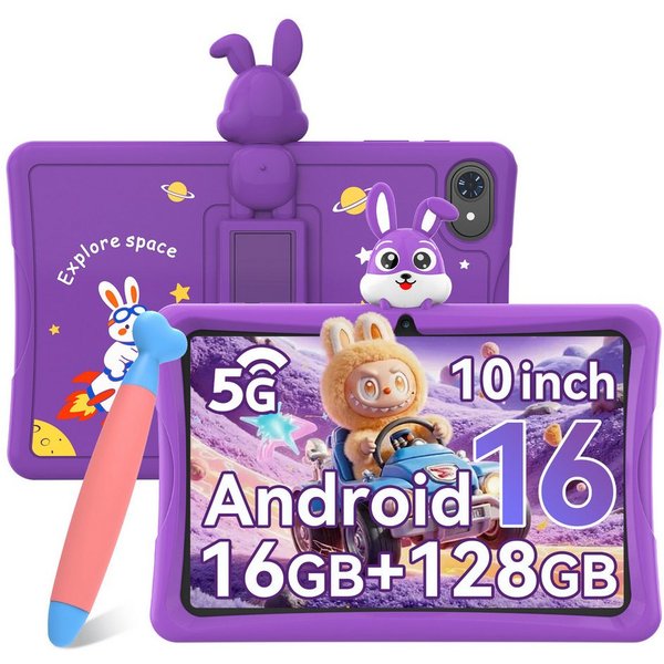 TABWEE 10" kinder tablet Android15 mit Hülle, Stift Tablet (10.1", 64 GB, Android16, Google Kids Space, 5G wifi, Android 15, Gemini AI, mit Stift)