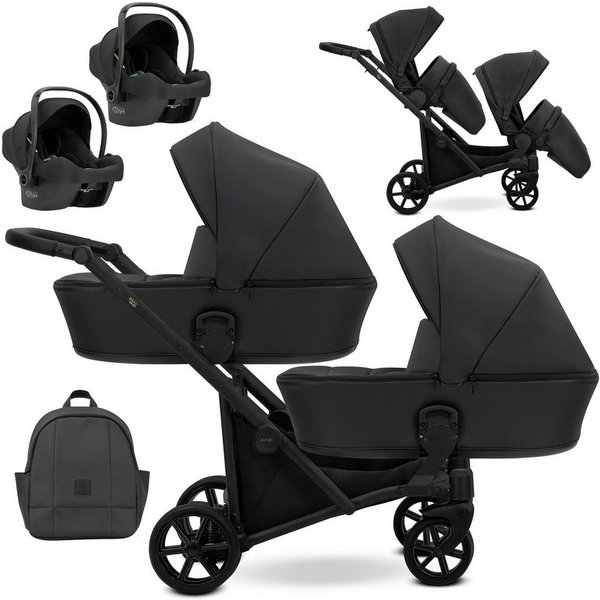 KUNERT Zwillings-Kombikinderwagen BRAV DUO 3in1 Öko-Leder Doppelkinderwagen mit Gelrädern, 12 Konfigurationen, leichter Aluminiumrahmen, große Ablagefächer