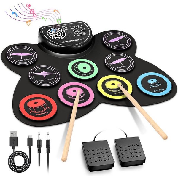 AKKEE E-Drum Schlagzeug Elektronisch Drum Set, 9 Pads Aufrollbar, Eingebauter Stereo-Lautsprecher, Unterstützt einen Kopfhörerausgang