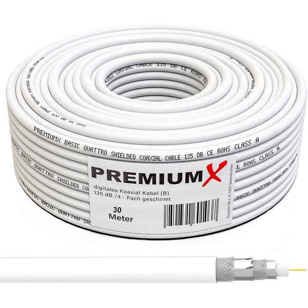 PremiumX 30m BASIC Koaxialkabel 135dB 4-fach CCS SAT Kabel Antennenkabel TV-Kabel