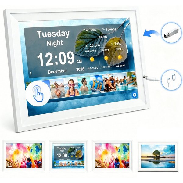 OYLCDI 10,1 Zoll Digitaler Kalenderuhr mit Wetterstation, Erinnerungsfunktion Digitaler Bilderrahmen (Wiedergabe von Fotos über USB-Stick oder Speicherkarte mög