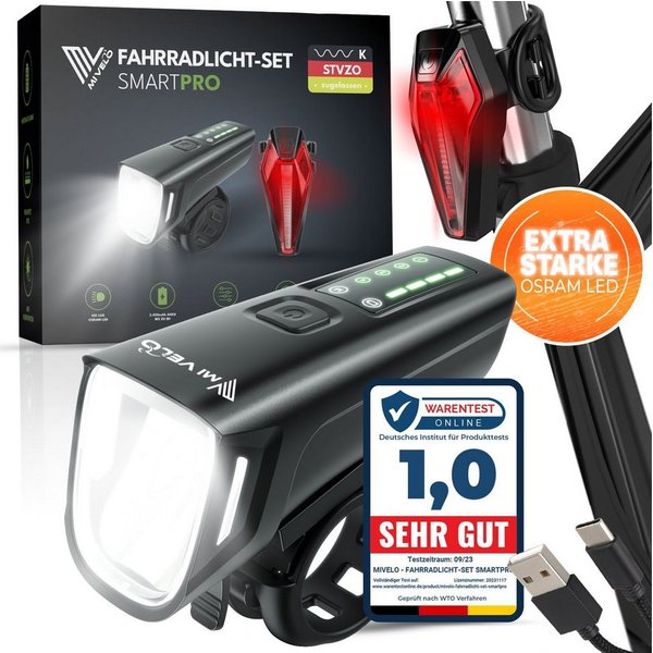 MIVELO Fahrradbeleuchtung SMART Fahrradlicht Set LED 100 LUX - Akku USB aufladbar