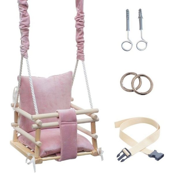 LuMali Babyschaukel Babyschaukel 3in1 Holz Sicherheitsgurt drinnen draußen 34x34x28cm, Kinderschaukel Naturholz Kiefer weich verstellbar 6-36 Monate
