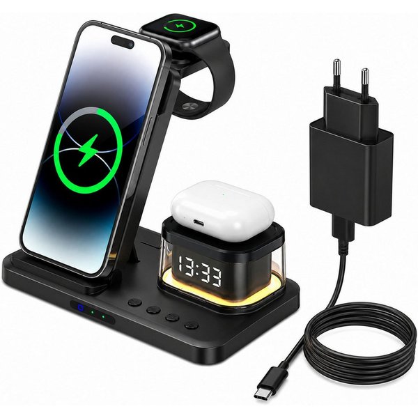 ibettertec 5-in-1 Kabellose Ladestation mit Uhr und Nachtlicht Ladestation (15W Schnellladegerät für iPhone, Apple Watch und AirPods, faltbar, kompatibel mit Sa