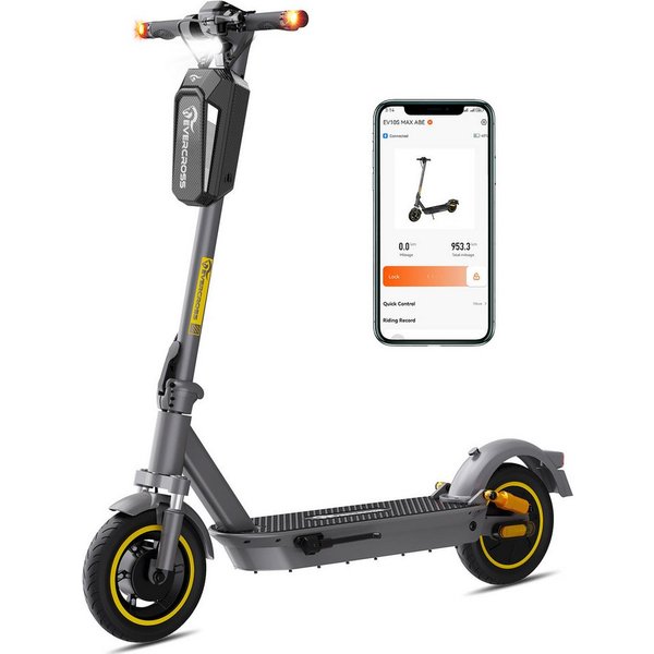 EVERCROSS TECH E-Scooter mit Straßenzulassung (ABE), 10" Runflat Reifen, Blinker, mit APP, 15,6AH Akku, 80KM/150KM, Handtasche, LED-Display