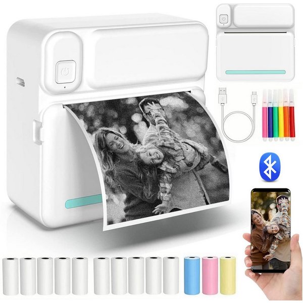 MOPUEA Thermodrucker Kompatibel für iOS Android Etikettendrucker Bluetooth Etikettendrucker, (Bluetooth-Fotodrucker, WLAN (Wi-Fi),Blau Mini-Drucker, mit 6 Farbs