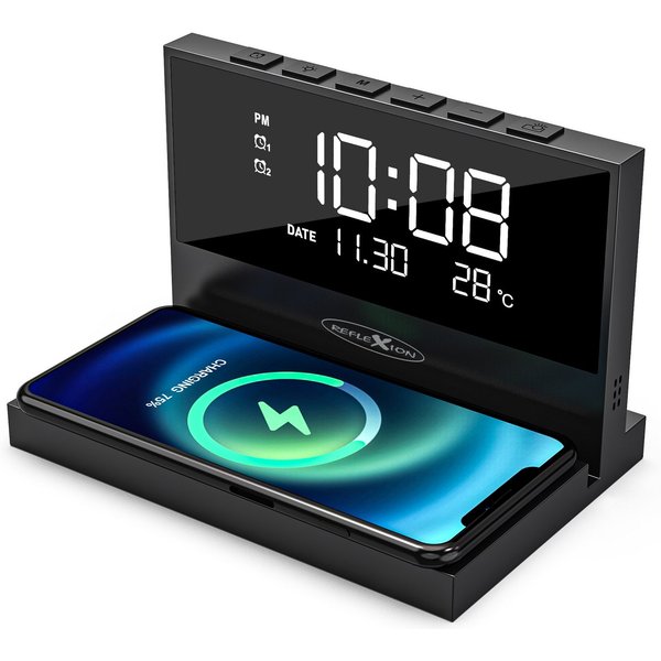 Reflexion ACW2188 Wecker Smartphone Ladestation Wireless Charger (3000 mA, Großes Display für Uhrzeit, Datum und Temperatur / Nachtlicht)
