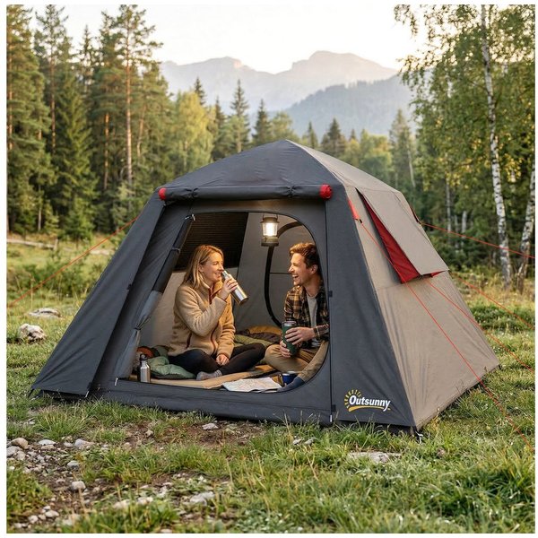 Outsunny Kuppelzelt Campingzelt 3000mm Wasserdicht Winddicht Camping Zelt mit Haken, Personen: 2 (Set, 1 tlg., mit Transporttasche), Zwei große Türen, gute Belü