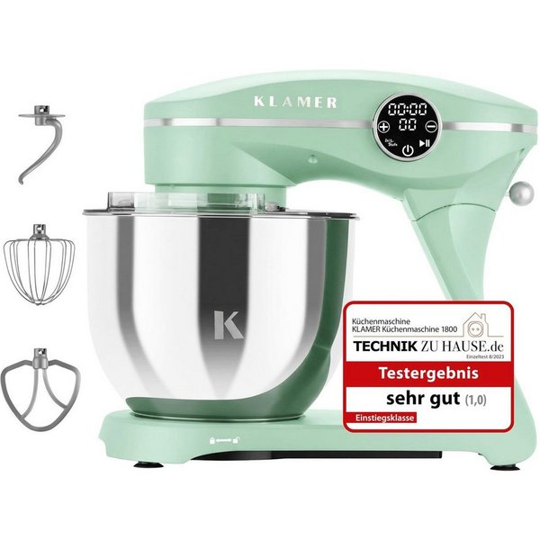 KLAMER Küchenmaschine 1800W, Knetmaschine mit 6 Liter Edelstahl Schüssel, 10 Geschwindigkeitsstufen mit Timer, Rührbesen, Knethaken, Schneebesen und Spritzschut