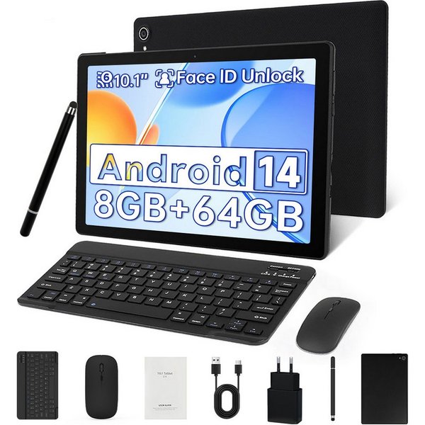 Happybe 10,1 Zoll 64GB, Android, HD 1280x800, mit Tastatur, Maus und Stylus Tablet (10", 64 GB, Android 14, WiFi6, Android 14, 8GB RAM, Widevine L1, Komplettset