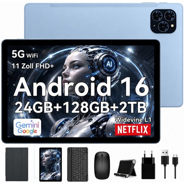 TABWEE 11" FHD Android 16 Widevine L1 mit Tastatur, Maus, Stift, Hülle Tablet (11", 128 GB, Android16, 24GB(8+16GB) RAM, Gesichtsentsperrung, 8000mAh, 13MP, WiF