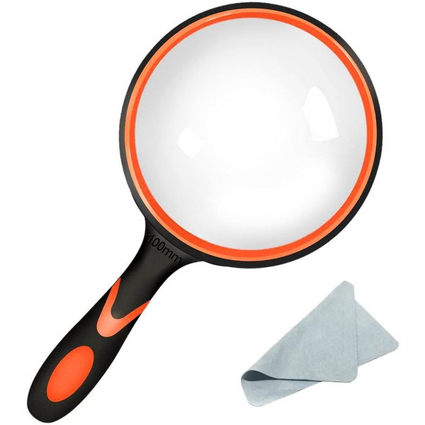 MOPUEA Handlupe Lupe 10 fach 100mm Große HandLupe Leselupe rutschfester Gummigriff, Leselupe Vergrößerungsglas großes Objektiv, erweitertes Sichtfeld, 1-tlg., R