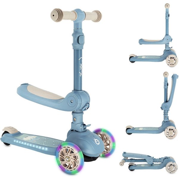 MoMi Dreiradscooter Debe, 2-in-1 Kinderroller mit Sitz, LED-Rädern und Klappfunktion
