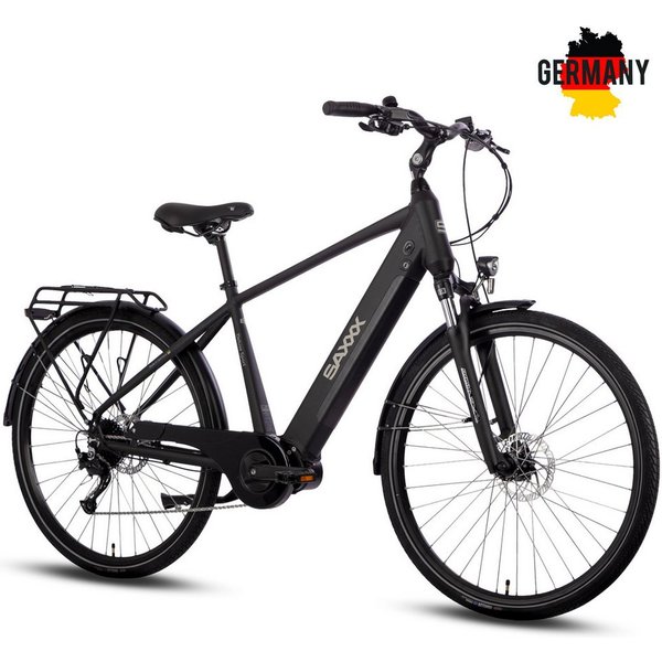 SAXXX E-Bike Cityrad 28 Zoll, 100km, 70Nm Mittelmotor, bis 130kg belastbar, 95% vormontiert, 9 Gang SHIMANO Alivio Schaltwerk, Kettenschaltung, Mittelmotor, 418