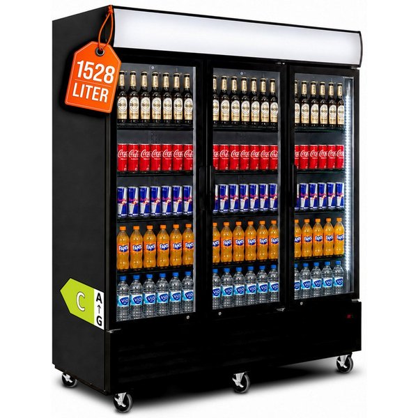 GastroHero Getränkekühlschrank Getränkekühlschrank 1500, Klapptüren, LED, schwarz GKS-1500KT, 213.5 cm hoch, 171 cm breit, LED-Leuchtaufsatz, 6 Rollen (3 gebrem
