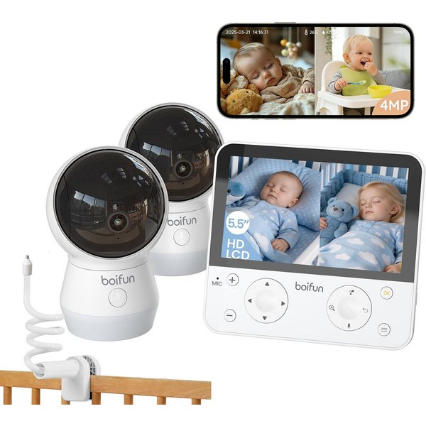 Boifun Babyphone 4MP Babyphone mit 2 Kameras App, Split-Screen-Ansicht, KI/Weinen/Bewegungs/Geräuscherkennung, Intelligente Nachtsicht, Automatische Verfolgung,