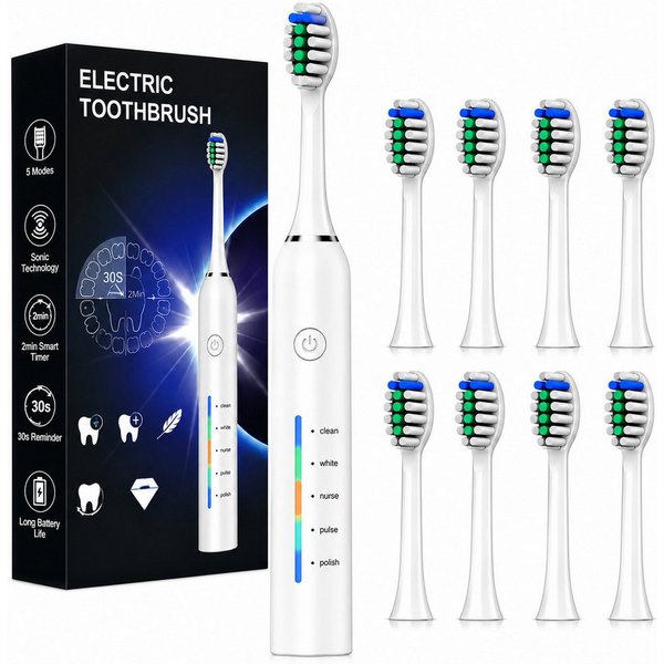 Fyrove Elektrische Zahnbürste Schallzahnbürste für Zahnpflege, mit 5 modi, Aufsteckbürsten: 8 St., 40000VPM UIltraschall, Putzdauer-Erinnerung, IP67 Wasserdicht