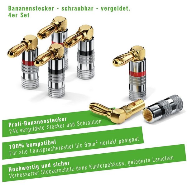 conecto conecto Bananenstecker 4er-Set, 90° gewinkelter Stecker, für alle Audio-Kabel