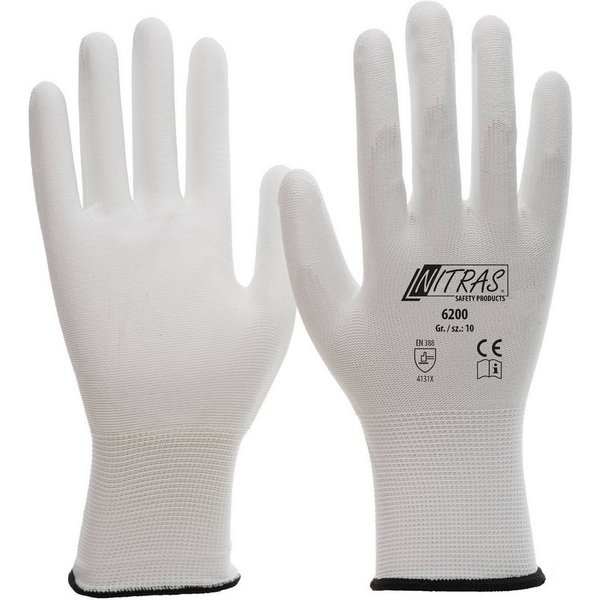 Nitras Arbeitshandschuhe 6200 Montagehandschuh Nylon Maler weiß PU Handschuhe (Packung, 12-St., VPE= 12 Paar, Gr 6-11) Atmungsaktiv/hohe Tastempfindlichkeit